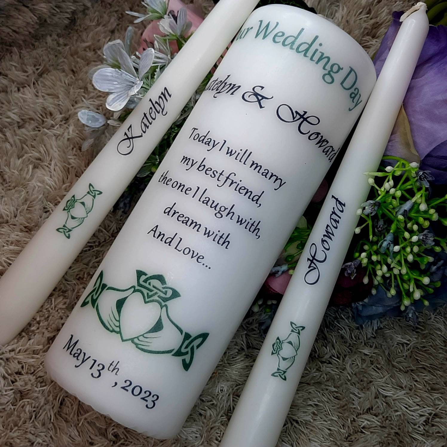 Claddagh Unity Candle Set Custom Wedding Unity Candle Ceremony Candles Personalised Wedding