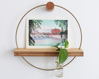 25 cm wall decoration metal ring with wooden shelf and test tube for flowers including wall hook and fastening - propagation station gift idea