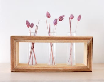 Rectangular wooden vase with test tubes for flowers - propagation station for offshoots and plants - propagation station