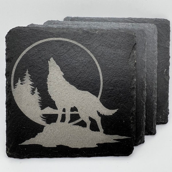 Howling Wolf Laser Engraved Slate Coasters-  Set of 4.