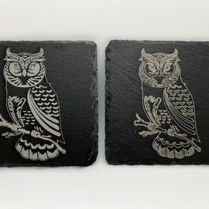 Set of 4 Curious Owl Laser Engraved Slate Coasters-  Set of 4.