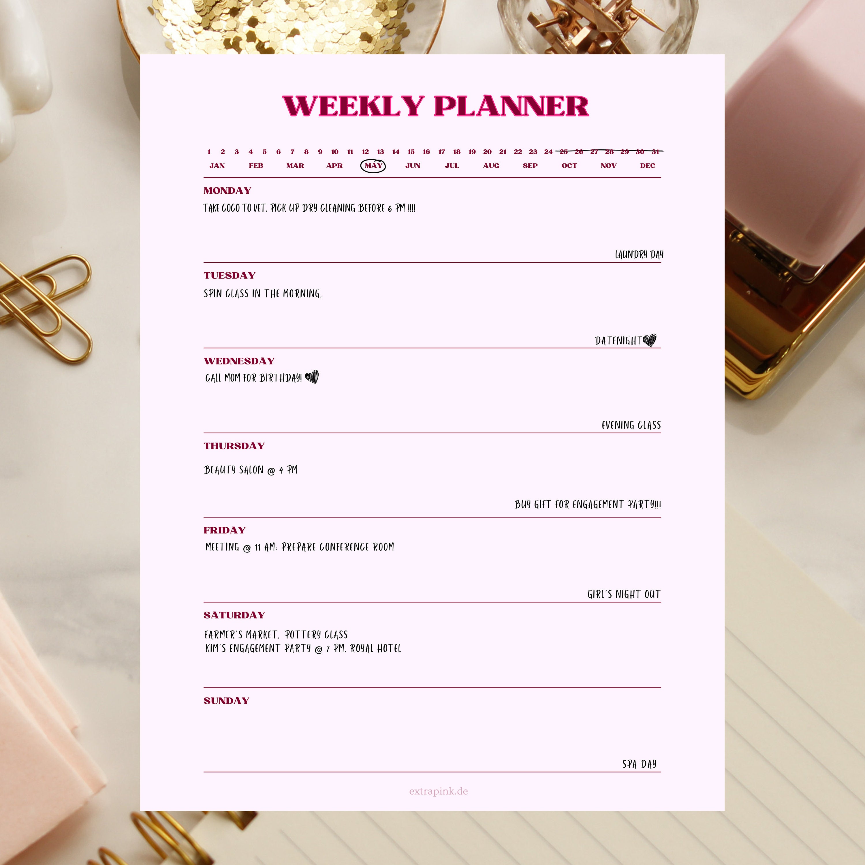 Weekly Planner Printable Organizer Extra Pink US Letter Size and A4 - Etsy