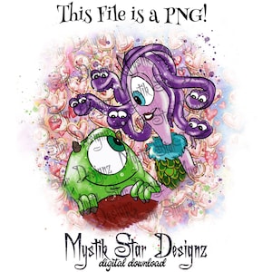 May include: Digital download featuring two cartoon characters, one green with a single eye and the other purple with snake-like hair. The image includes the text "This File is a PNG!" and "Mystik Star Designz digital download."