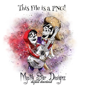 May include: A watercolor illustration of two characters from the movie Coco. Miguel, a young boy with a red hoodie, plays a guitar with Hector, a skeleton wearing a sombrero. The background is a colorful watercolor wash.