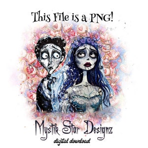 Op de afbeelding: Digitale download met een aquarel illustratie van een stel in de stijl van de animatiefilm, "Corpse Bride". De afbeelding bevat de tekst "This File is a PNG!" en "Mystik Star Designz digital download."