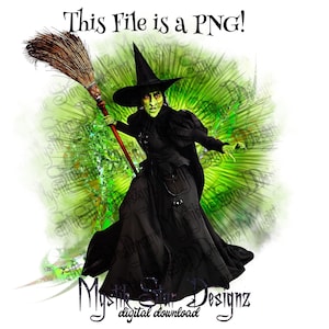 May include: A green-skinned witch with a pointed hat and black dress flies on a broomstick against a green and white background. The text "This File is a PNG!" is at the top of the image.