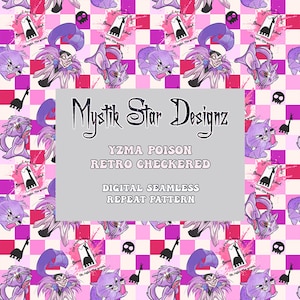 Op de afbeelding: Een digitaal naadloos herhalingspatroon met een retro dambordontwerp. Het patroon bevat stripfiguren, katten en tekst in tinten paars, roze en zwart. De tekst bevat "Mystik Star Designz" en "YZMA POISON RETRO CHECKERED".