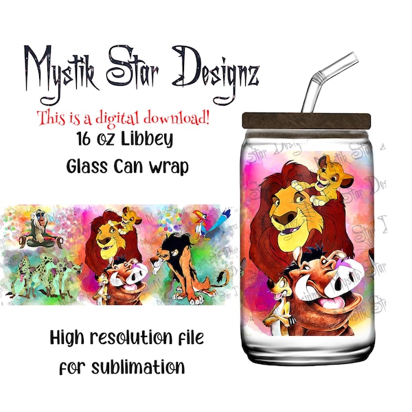 Gobelet Personnages du Roi Lion | Boîte en verre de 16 oz à téléchargement numérique | Verre pour canette Libbey de 16 oz | Emballage en verre plein | Wrap Lion magique