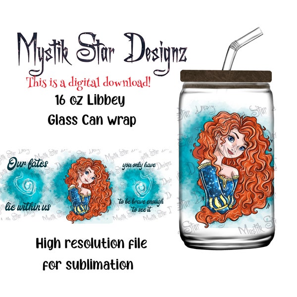 Gobelet Princesse Merida magique | Emballage numérique pour canette en verre de 16 oz | Verre pour canette Libbey de 16 oz | Princesse magique enveloppante