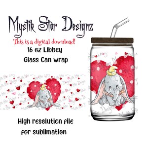 Leuke dombo-beker voor Valentijnsdag | Digitale download van 16 oz glazen blikje | 16 oz Libbey, png-bestand | Vol glazen blikverpakking | Cartoon babyolifant