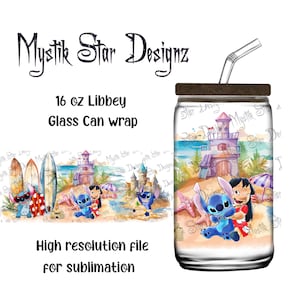 May include: A 16 ounce glass can wrap featuring a beach scene with Stitch and Angel from Lilo & Stitch. The design includes a sandcastle, surfboards, and palm trees. The wrap is designed for sublimation.