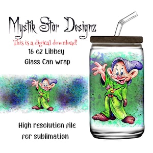 May include: A digital download for a 16 ounce Libbey glass can wrap featuring a cartoon illustration of a dwarf with a green robe, purple hat, and a white beard. The background is a green and blue watercolor splatter pattern. "Mystik Star Designz" and "This is a digital download!" are written in black text at the top of the image.
