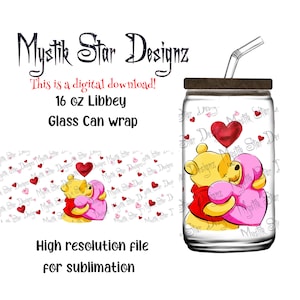 Valentines Day Bear Tumbler | 16oz Glass Can digital download | 16oz Libbey Can Glass | Full Glass Can Wrap | Cartoon Bear