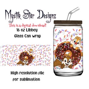 Tumbler per ciambelle Chip and Dale / Lattina di vetro da 16 once download digitale / Lattina di vetro Libbey da 16 once / Involucro di lattina di vetro pieno / Granella per ciambelle