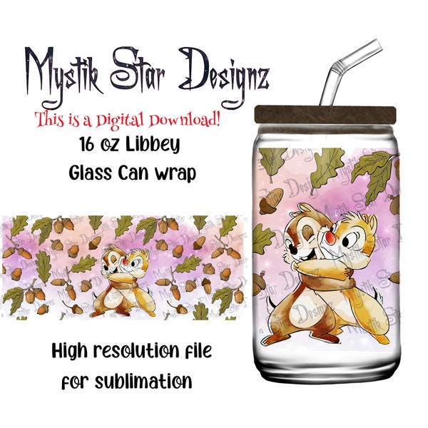 Chip and Dale Acorns Tumbler | 16oz Glass Can digital download  Wrap | 16oz Libbey Can Glass | Full Glass Can Wrap | Cute Chipmonks