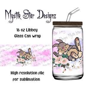 Cartoon Bunny  Tumbler | 16oz Glass Can Wrap | 16oz Libbey Can Glass | Full Glass Can Wrap | Floral Thumper