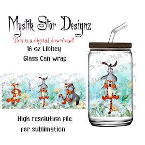 Tigger and Donkey Tumbler | 16oz Glass Can digital download Wrap | 16oz Libbey Can Glass | Full Glass Can Wrap | Cartoon Donkey