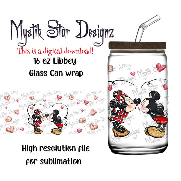 Gobelet Mickey pour la Saint-Valentin | Boîte en verre de 16 oz à téléchargement numérique | Verre pour canette Libbey de 16 oz | Emballage en verre plein | Mickey et Minnie