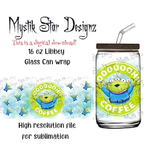 Toy Aliens Coffee Tumbler | 16oz Glass Can digital download Wrap | 16oz Libbey Can Glass | Full Glass Can Wrap | Green Pizza Aliens wrap