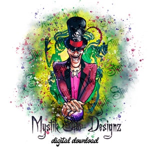 May include: A digital illustration of a cartoon character with a top hat and a sinister grin. The character is holding a purple orb in his hands. The background is a watercolor-style green and yellow with white splatters.