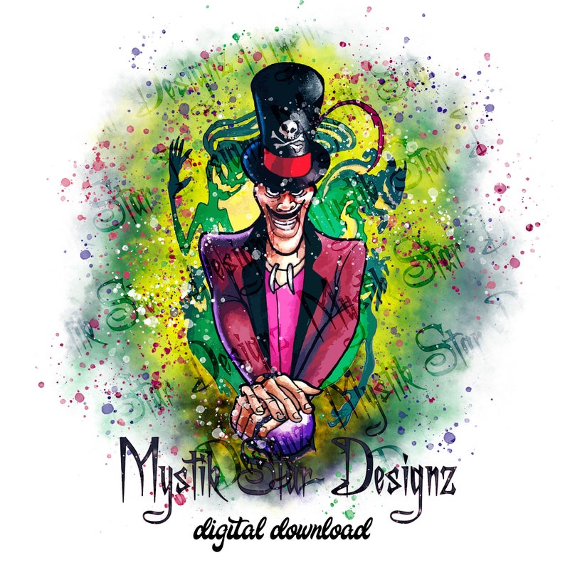 May include: A digital illustration of a cartoon character with a top hat and a sinister grin. The character is holding a purple orb in his hands. The background is a watercolor-style green and yellow with white splatters.