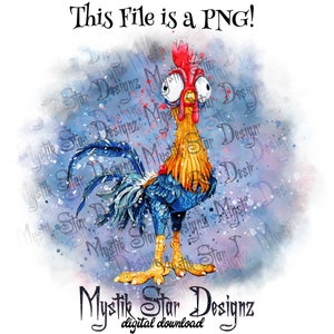 May include: A watercolor illustration of a rooster with a blue and yellow body and a red comb. The rooster has large, wide eyes and a surprised expression. The background is a blue and purple watercolor wash with white speckles.