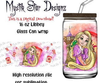 Magische Rapunzel prinses tuimelaar | 16oz glazen blikje digitale download Wrap | 16oz Libbey blikje glas | Magische prinses omwikkelt zich