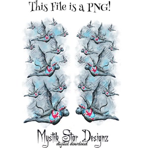 May include: Digital download of a repeating pattern featuring a whimsical design of blue winged monkeys with red and blue accents flying against a light blue background. The text "Mystik Star Designz" is at the bottom of the image.