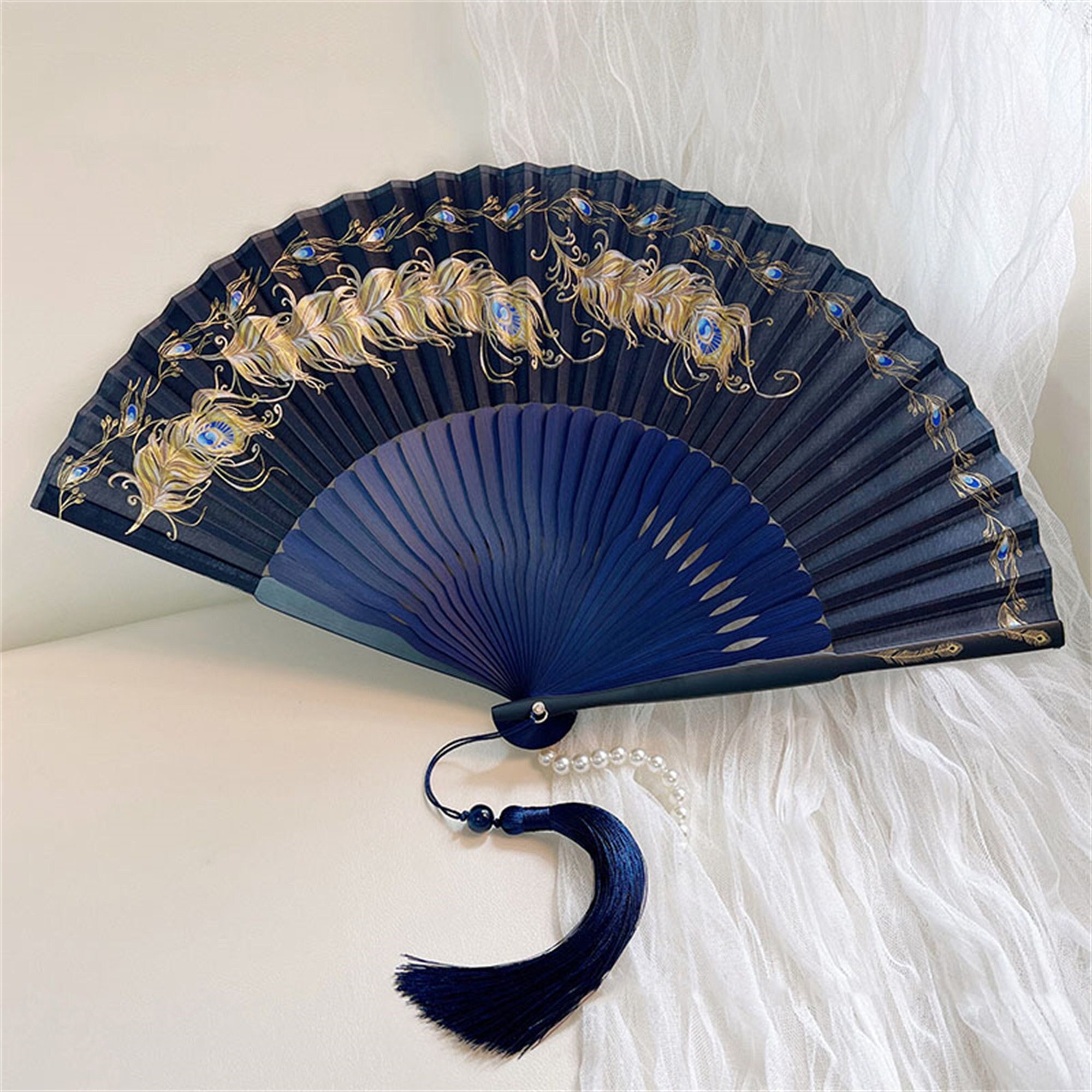 Peacock Feather Folding Fan Chinese Japanese Handheld Wedding Dancing Party