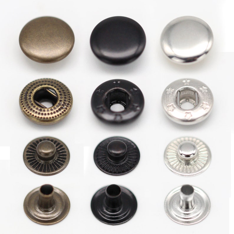 Boutons-pression S Spring Boutons-pression de haute qualité en laiton Boutons-pression antirouille Maroquinerie Tissu Antique / Nickel / Noir 10 mm 12,5 mm 50 sets image 1