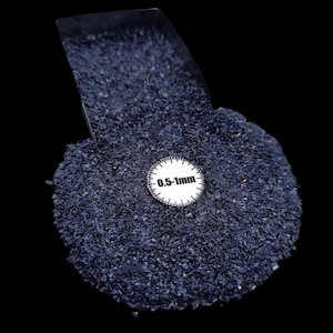 May include: A close-up shot of a pile of dark blue, crushed material. A small, white circular gauge with the text "0.5-1mm" is placed on the pile. The material is being poured from a metal scoop against a black background.