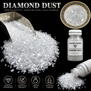 May include: A pile of clear, angular diamond dust particles next to a metal scoop. A clear plastic bottle labeled GRADELYGEMS DIAMOND DUST is shown, with a note stating Bottle Not Included. The image includes icons for sparkling appearance, craft, jewelry, and resin art.