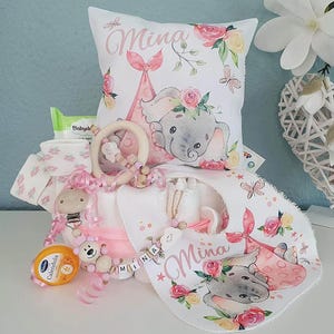 Windeltorte Elefant - Name - Mädchen - Kuschelkissen - Geschenk für die Mama, Baby, Geburt + Gratis Grußkarte
