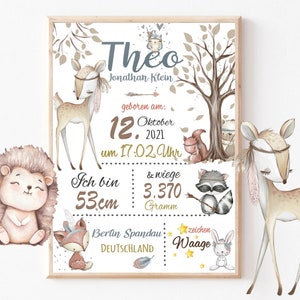 GEBURTSTAFEL Waldtiere - Waldfreunde - Geburtsdaten Poster - Geburtsanzeige - Baby - personalisiertes Geschenk Geburt