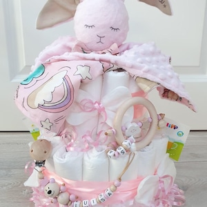 Windeltorte mit Name XXL - Mädchen - Kuscheltier Hase - Geschenk, Baby, Geburt + Gratis Grußkarte