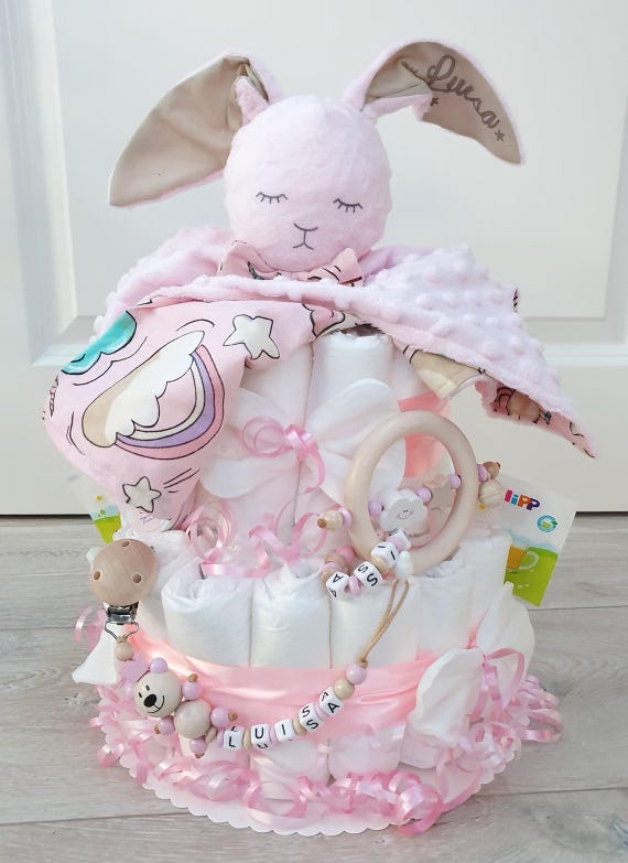 Windeltorte mit Name XXL - Mädchen - Kuscheltier Hase - Geschenk, Baby, Geburt + Gratis Grußkarte