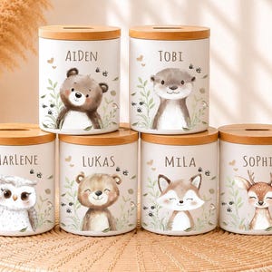 Könnte beinhalten: Eine Sammlung weißer Keramik-Sparschweine mit Holzdeckeln. Jedes Sparschwein zeigt ein anderes illustriertes Tier und einen Namen: Aiden, Tobi, Marlene, Lukas, Mila und Sophie. Die Designs beinhalten florale und Insektenmotive.