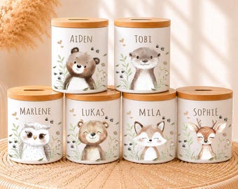 Personalisierte Spardose mit Namen zur Geburt oder Taufe | Geldgeschenk für Kinder & Babys | Niedliche Sparbüchse Junge Mädchen Waldtiere