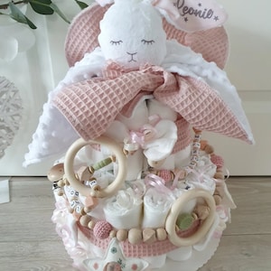 Windeltorte mit Name XXL - Mädchen - Kuscheltier Hase - Geschenk, Baby, Geburt + Gratis Grußkarte