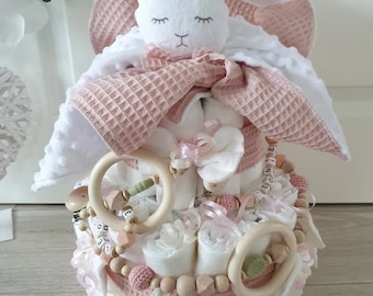 Windeltorte mit Name - Mädchen - Kuscheltier Hase - Babygeschenk, Geburt + Gratis Grußkarte