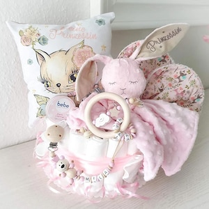 Windeltorte XXL mit Namen - Kuschelhase - Kuschelkissen Katze - Mädchen - Geschenk, Baby, Geburt + Gratis Grußkarte