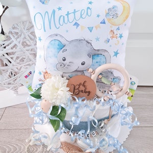 Windeltorte mit Name Junge - Kuschelkissen Elefant - Geschenk, Baby, Geburt + Gratis Grußkarte