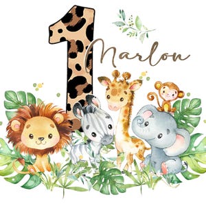 Könnte beinhalten: Eine Aquarell-Illustration einer Dschungel-Motto-Geburtstagsparty zum ersten Geburtstag. Die Zahl eins ist aus Leopardenmuster und von einem Löwen, Zebra, Giraffe, Elefant und Affen umgeben. Der Name Marlon ist in Kursivschrift über den Tieren geschrieben.