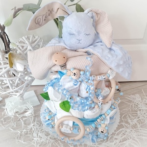 Windeltorte XXL - Junge - Kuscheltier Hase - Geschenk, Baby, Geburt + Gratis Grußkarte