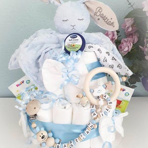 Windeltorte mit Name XXL - Junge - Kuscheltier Hase - Geschenk, Baby, Geburt + Gratis Grußkarte