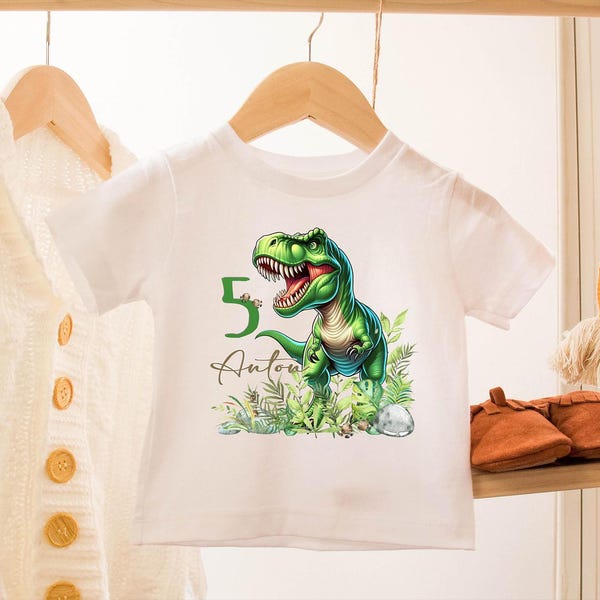 Iron-on transfer personalized with name and age, dinosaur