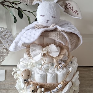 Windeltorte mit Name XXL Junge - Mädchen - Kuscheltier Hase - Geschenk, Baby, Geburt + Gratis Grußkarte