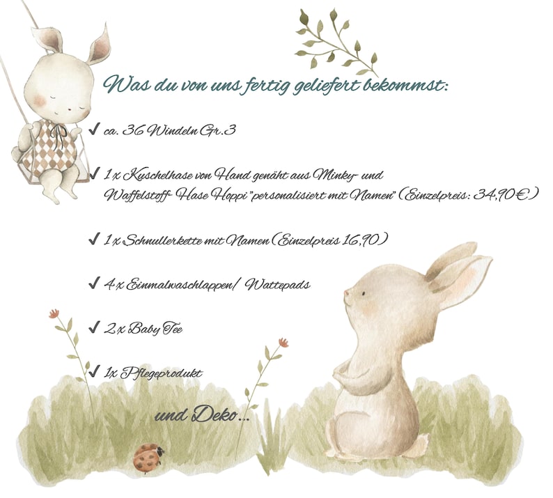 May include: Watercolor illustration featuring two adorable bunny characters and text in German. The text lists items such as diapers, a stuffed bunny, a pacifier chain, washcloths, baby tea, and a care product. The image has a soft, pastel color palette.