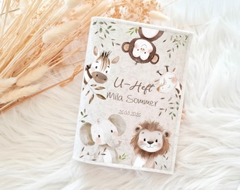 Personalized jungle animals protective cover for child health record booklet vaccination card, gift for newborn girls and boys, felt