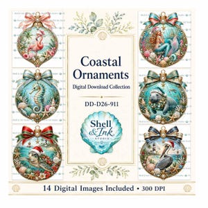 Könnte beinhalten: Eine digitale Download-Kollektion mit dem Titel Coastal Ornaments DD-D26-911 von Shell & Ink Studio. Das Bild zeigt sechs kreisförmige Ornamente mit einem Flamingo, einer Meerjungfrau, einem Seepferdchen, einem Rundschwanzseekuh, einer Schildkröte und einem Pelikan.